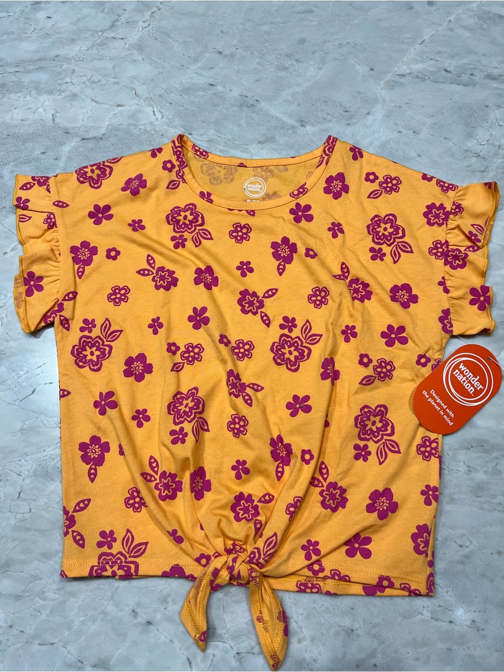 wonder nation Yellow Floral Tie-Front Crop Top with Pink Print